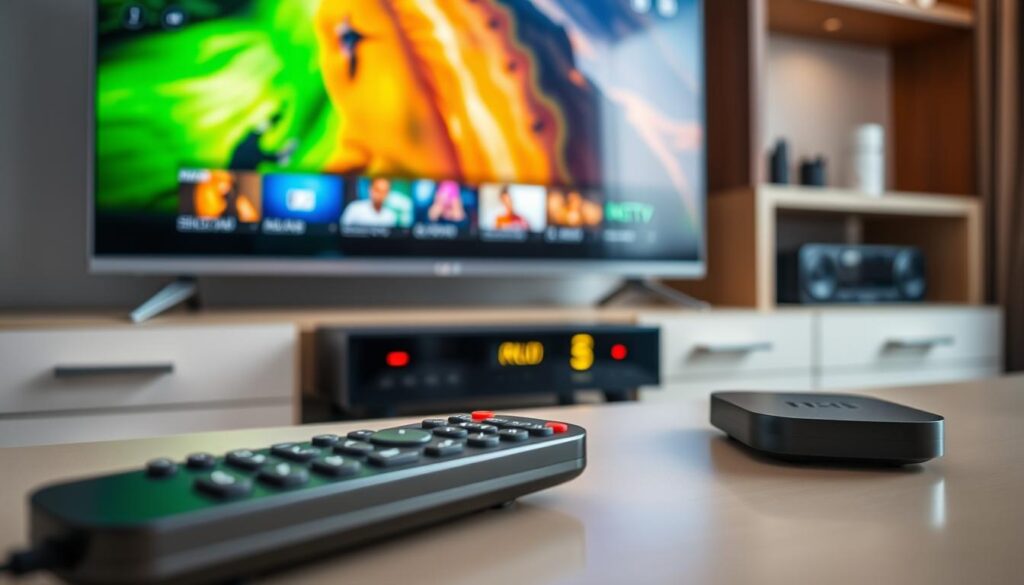 A close-up view of a sleek modern IPTV setup, featuring a 4K television displaying vibrant streaming content. In the foreground, a stylish remote control sits on a polished table, showcasing high-quality buttons for user-friendly navigation. The middle ground captures the IPTV device, with LED indicators glowing softly, symbolizing connectivity and security. Background elements include a well-organized entertainment center with devices neatly arranged, hinting at good practices in securing IPTV installations. Soft, diffused lighting illuminates the scene, creating a warm and inviting atmosphere, while a subtle focus effect draws attention to the IPTV device. The overall mood conveys a sense of safety and reliability in home entertainment technology.
