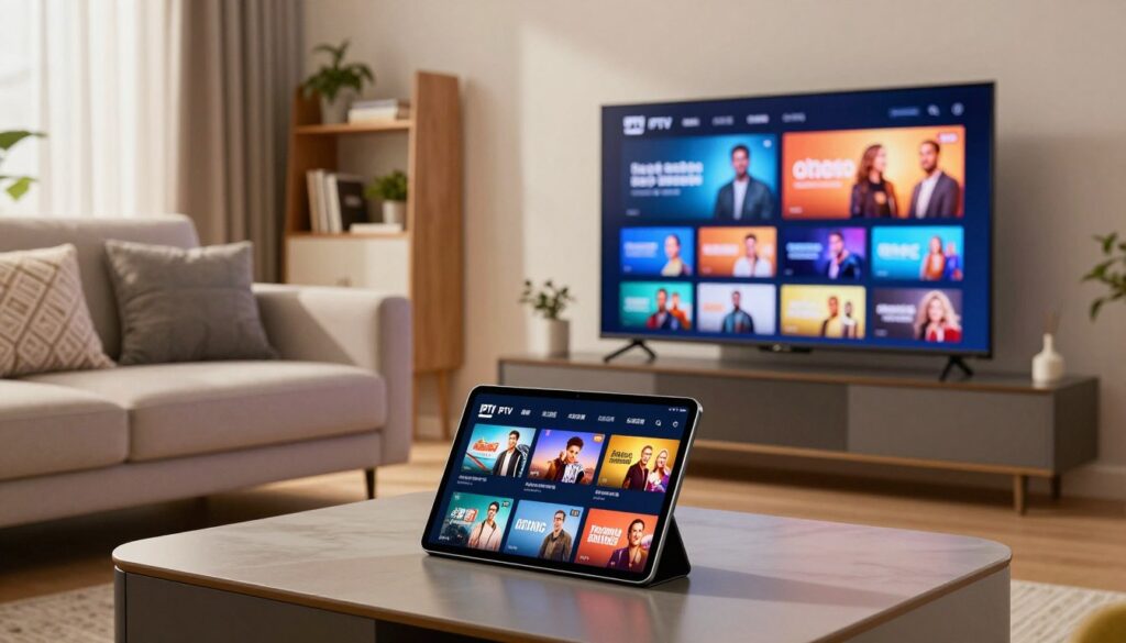 A contemporary living room setting showcasing a sleek television displaying various IPTV catalogues. In the foreground, a tablet rests on a stylish coffee table, revealing vibrant thumbnails of popular TV shows, movies, and international channels. In the middle ground, a comfortable sofa with decorative cushions invites viewers in, while a modern shelving unit displays books and plants, complementing the tech-savvy atmosphere. The background features a softly lit window with sheer curtains, allowing natural light to filter in, creating a warm and inviting mood. The image is captured with a slight angle, using a wide lens to encompass the entire scene, emphasizing the premium quality of the IPTV experience. The overall ambiance is sophisticated and relaxed, reflecting the essence of contemporary streaming services.
