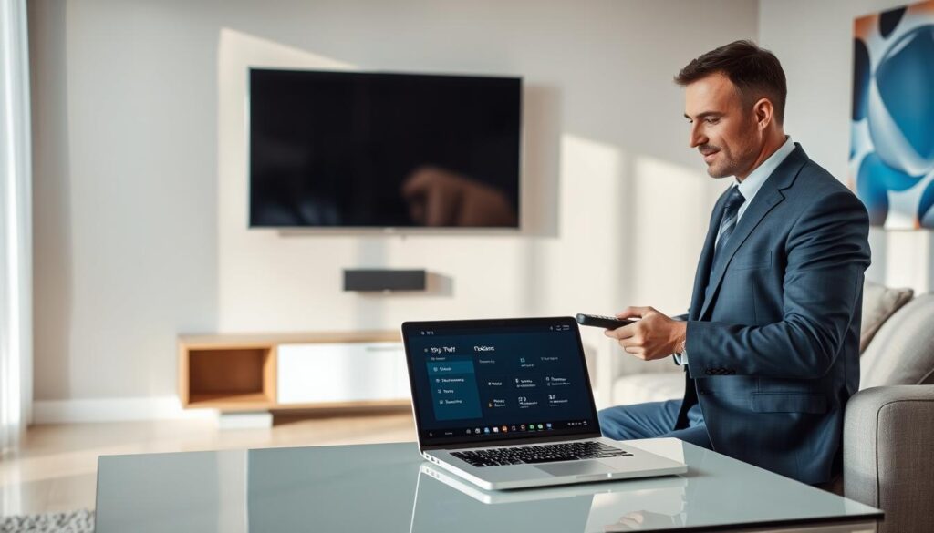 A contemporary living room setting with a sleek IPTV setup displayed on a large flat-screen television mounted on the wall. In the foreground, a person in professional business attire is engaged in setting up the IPTV, showing a focused expression as they manipulate a remote control. In the middle, a stylish coffee table holds a laptop, open with the IPTV interface visible, showcasing recording options. The background includes a comfortable sofa and a window with soft natural light streaming in, creating a warm, inviting atmosphere. The overall mood reflects a sense of ease and modern technology, highlighting a seamless IPTV experience. The image should convey clarity and professionalism, with a subtle focus on the man’s actions, emphasizing the theme of configuring IPTV easily. A contemporary living room setting with a sleek IPTV setup displayed on a large flat-screen television mounted on the wall. In the foreground, a person in professional business attire is engaged in setting up the IPTV, showing a focused expression as they manipulate a remote control. In the middle, a stylish coffee table holds a laptop, open with the IPTV interface visible, showcasing recording options. The background includes a comfortable sofa and a window with soft natural light streaming in, creating a warm, inviting atmosphere. The overall mood reflects a sense of ease and modern technology, highlighting a seamless IPTV experience. The image should convey clarity and professionalism, with a subtle focus on the man’s actions, emphasizing the theme of configuring IPTV easily.
