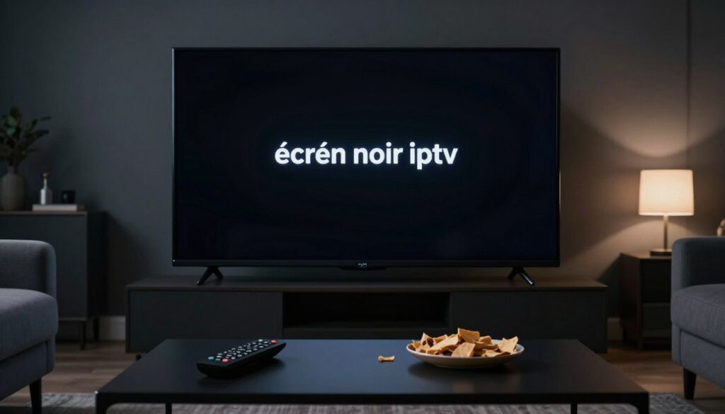 A darkened living room displaying a large television screen showing a black screen, symbolizing the "écran noir iptv" issue. In the foreground, a modern, sleek coffee table with a remote control and snacks scattered about, suggesting frustration. In the middle ground, the TV is prominently displayed, with a glossy black finish and minimalistic design. Soft ambient lighting from floor lamps casts gentle shadows, creating a moody, tense atmosphere. The background features a blurred outline of a comfortable sofa and decor, adding to the sense of a typical home setting. Emphasize a feeling of confusion and tension, reflecting the common IPTV troubleshooting concerns.