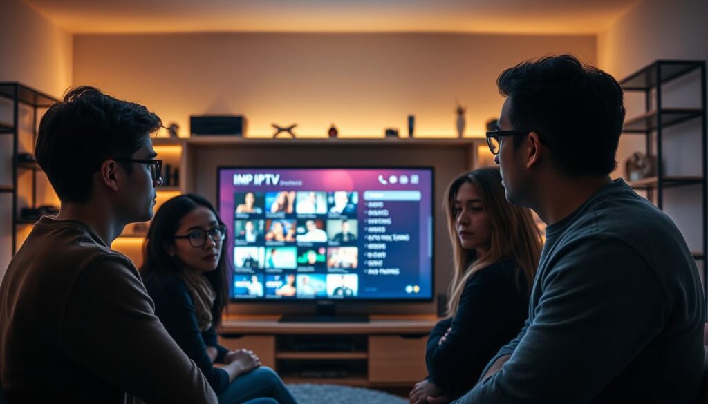 A dimly lit room with a group of three diverse individuals gathered around a television, illustrating a discussion about IPTV. The foreground features their focused faces, expressing curiosity and concern, dressed in modest casual clothing. In the middle, a large TV screen displays a stylized interface of an IPTV service, highlighting channels without revealing illegal content. The background shows shelves filled with tech gadgets and discreetly placed decorative items, enhancing the atmosphere of a home setting. The scene is illuminated by soft ambient lighting, creating a contemplative mood. The camera angle is slightly elevated, capturing both the people and the television screen, emphasizing the importance of their conversation on illegal IPTV usage.