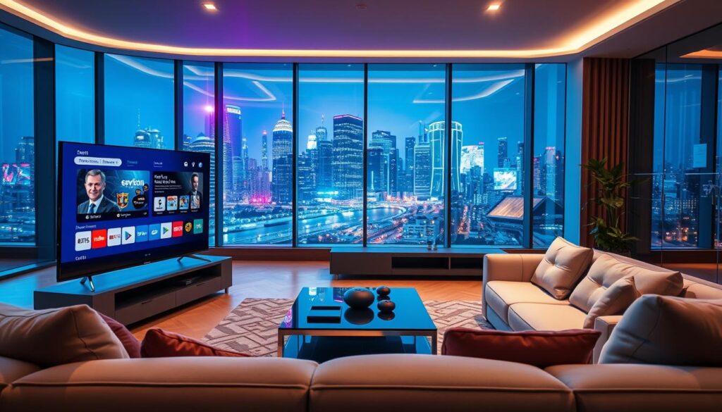 A futuristic living room setting showcasing IPTV technology in 2026. In the foreground, a sleek, flat-screen smart TV displays vibrant streaming interfaces and an array of app icons. A comfortable sofa with modern design and neutral tones is positioned in the center. In the middle ground, a stylish coffee table holds a variety of smart devices, like a remote and a tablet. The background features large windows with a view of a futuristic city skyline, illuminated by colorful lights reflecting the advancements of technology. The room is well-lit with soft, ambient lighting that creates a warm and inviting atmosphere. Capture this scene from a slight low angle to highlight the innovation and sophistication of IPTV in the modern home.