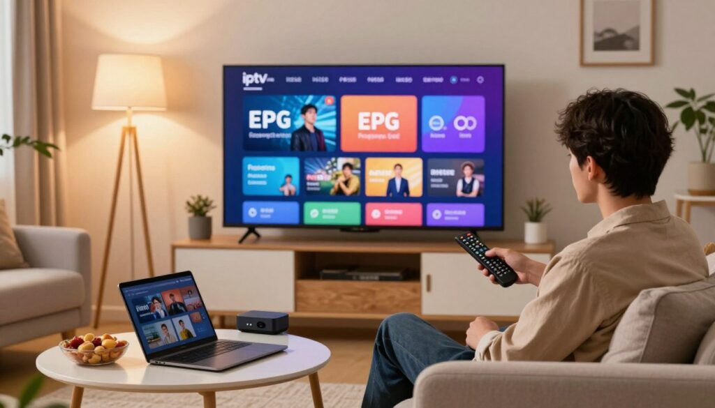 A modern, cozy living room setting featuring a person sitting on a stylish sofa, engaging with a large flat-screen TV displaying a vibrant IPTV interface. In the foreground, the person, dressed in smart casual attire, is using a remote control, with a look of concentration on their face. A coffee table is adorned with a laptop, streaming device, and snacks, enhancing the casual vibe. In the middle, the TV screen showcases customizable options like favorites, EPG (Electronic Program Guide), and subtitles in a colorful and user-friendly format. The background includes soft lighting from floor lamps, warm colors on the walls, and decorative elements like picture frames and plants, creating a comfortable and inviting atmosphere. The scene conveys a sense of entertainment and personalization in home viewing.