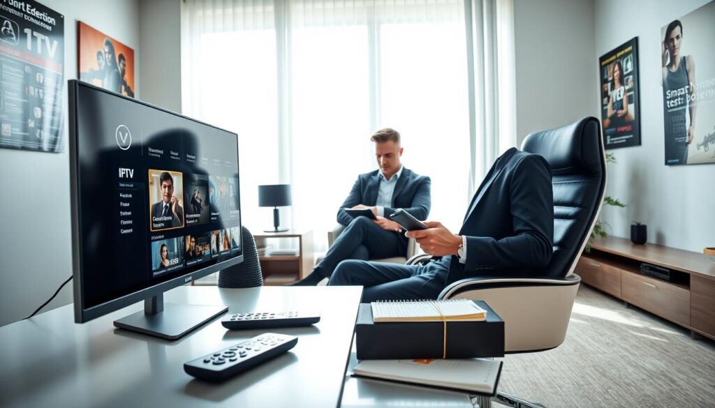 A modern home office setup showcasing best IPTV practices. In the foreground, a sleek desk with a high-quality monitor displaying an IPTV interface, well-organized with remote controls, a notepad, and a stylish pen. In the middle ground, a comfortable chair where a professional adult in smart casual clothing sits, thoughtfully taking notes while looking at the screen. The background features a large window letting in bright, natural light, casting soft shadows across the room. The walls are adorned with smart home technology and entertainment posters, creating a tech-savvy atmosphere. The overall mood is focused and productive, emphasizing efficiency in using IPTV services. A modern home office setup showcasing best IPTV practices. In the foreground, a sleek desk with a high-quality monitor displaying an IPTV interface, well-organized with remote controls, a notepad, and a stylish pen. In the middle ground, a comfortable chair where a professional adult in smart casual clothing sits, thoughtfully taking notes while looking at the screen. The background features a large window letting in bright, natural light, casting soft shadows across the room. The walls are adorned with smart home technology and entertainment posters, creating a tech-savvy atmosphere. The overall mood is focused and productive, emphasizing efficiency in using IPTV services.