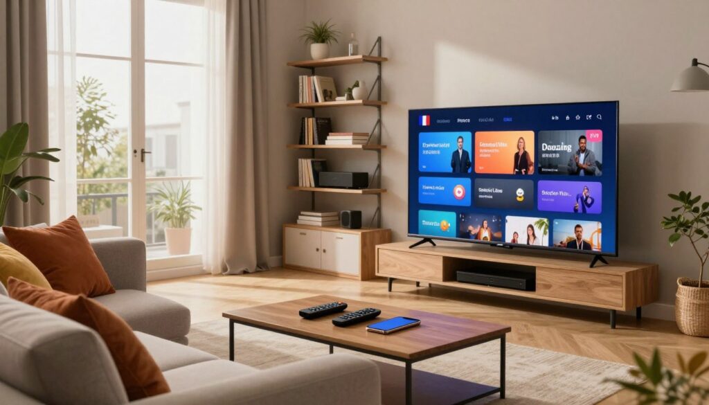 A modern living room equipped with advanced IPTV technology. In the foreground, a sleek flat-screen TV displays a vibrant interface showcasing various streaming options. A cozy sofa is adorned with colorful cushions, emphasizing a welcoming atmosphere. On a coffee table, there are remote controls and a smartphone, highlighting connected devices. The middle ground features shelves with books and entertainment equipment, while a large window in the background allows soft natural light to filter in, creating a warm, inviting ambiance. The room is decorated in a contemporary style with minimalistic details, fostering an atmosphere of comfort and tech-savviness. The overall mood is informative and engaging, suitable for understanding the concept and usage of IPTV in France.