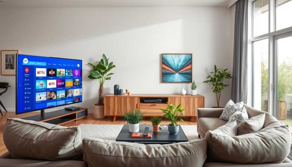 A modern living room scene in Canada, showcasing a sleek television outfitted with a user-friendly IPTV interface displaying vibrant streaming options. In the foreground, a cozy sofa arrangement with soft cushions invites relaxation, and a stylish coffee table holds remote controls and snacks. The middle ground features an elegant wooden media console with potted green plants, enhancing the inviting atmosphere. In the background, large windows allow natural light to flood in, creating a warm and inviting ambiance. The room is decorated in contemporary Canadian design, with soothing neutral tones and splashes of color from artwork on the walls. Capture the image with soft, diffused lighting, emphasizing clarity and comfort, evoking a sense of home entertainment bliss.