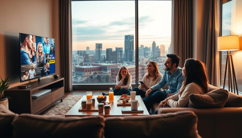 A modern living room scene showcasing the advantages of internet TV in Canada, featuring a sleek television displaying vibrant streaming content. The foreground includes a comfortable couch with a family sitting together, dressed in casual yet professional clothing, smiling and enjoying their viewing experience. In the middle, a stylish coffee table is adorned with snacks and drinks, emphasizing the relaxed atmosphere. The background reveals a large window with a view of a Canadian city skyline, bathed in warm, natural light indicating early evening. The room is softly lit with a contemporary floor lamp, creating a cozy ambiance that invites a sense of connection and enjoyment. The overall mood is cheerful and inviting, highlighting the benefits of choosing IPTV over traditional cable.