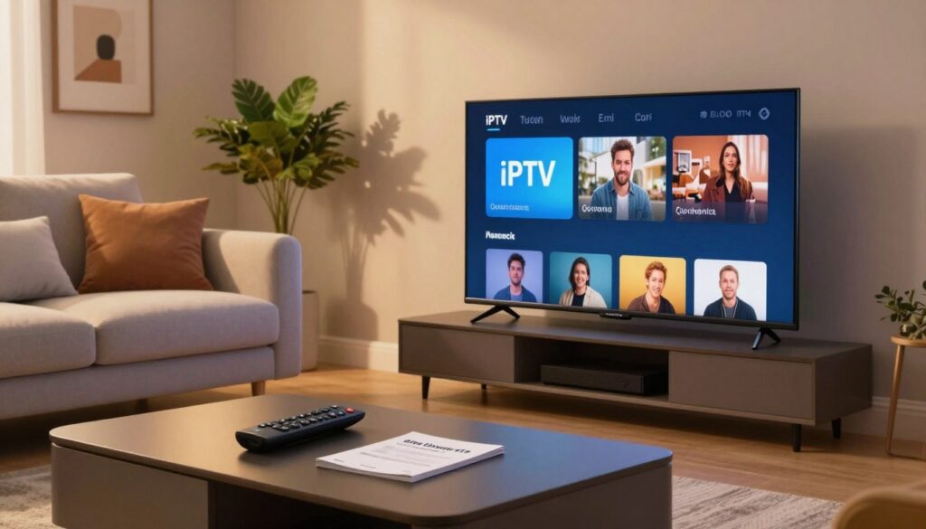A modern living room setting featuring a sleek IPTV setup, prominently displaying a high-quality television screen showing a user-friendly interface for IPTV applications. In the foreground, a stylish coffee table holds a remote control and a neatly organized user manual. The middle ground showcases a comfortable sofa with plush cushions, emphasizing a cozy ambiance. Soft, warm lighting enhances the inviting atmosphere, casting gentle shadows throughout the room. In the background, elegant wall art and houseplants add a touch of sophistication. The scene is captured from a slightly elevated angle, offering depth and a clear view of the IPTV system, creating a perfect visual representation of modern entertainment solutions for home use. The overall mood is calm and welcoming, perfect for viewers seeking easy IPTV installation solutions.
