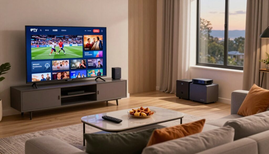 A modern living room setting, featuring a sleek flat-screen TV displaying vibrant IPTV content, such as sports, movies, and news. In the foreground, a comfortable sofa with colorful cushions invites relaxation, while a stylish coffee table holds a remote control and snacks. The middle ground includes a stylish entertainment unit, with a small stack of streaming device boxes, hinting at legal IPTV options. In the background, a large window allows natural light to flood the room, creating a warm, inviting atmosphere. Soft evening lighting enhances the cozy ambiance, emphasizing the sense of comfort and enjoyment. The camera angle is slightly elevated, aiming down to capture both the TV and the inviting setting, evoking a sense of leisure and modern entertainment choices.