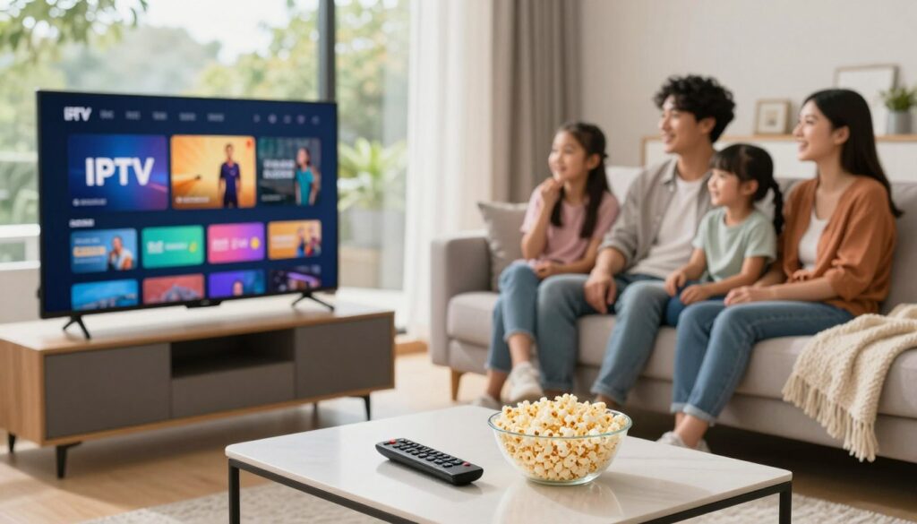 A modern living room setting, featuring a sleek smart TV displaying a digital interface of an IPTV service. In the foreground, a stylish coffee table holds a remote control and a bowl of popcorn, inviting viewers to enjoy a viewing experience. The middle ground shows a comfortable couch with a cozy blanket, while a family of four, dressed in casual, yet smart attire, is seated together, engaged in watching a thrilling show. The background offers a glimpse of a bright window with lush greenery outside, creating a warm and inviting atmosphere. The lighting is soft and natural, suggesting an afternoon scene, captured from a slightly elevated angle to showcase the family’s enjoyment and the vibrant tech on display. The mood is cheerful and relaxed, illustrating the essence of modern IPTV entertainment.