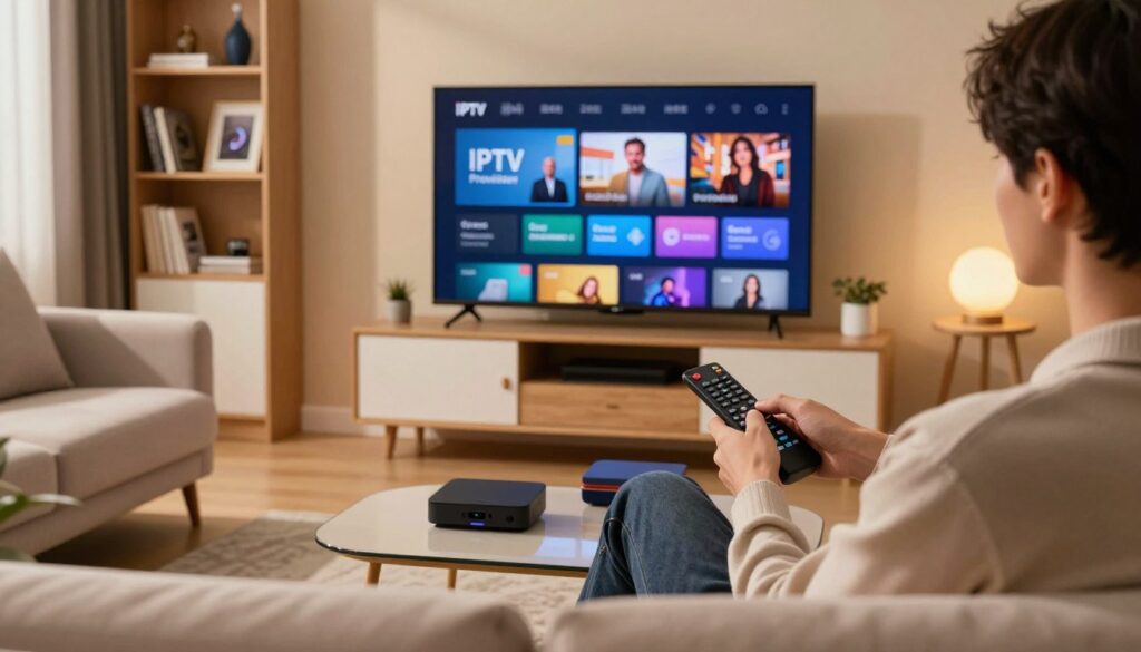 A modern living room setting featuring a sleek television displaying an IPTV interface, surrounded by plush sofas and soft lighting. In the foreground, a professional individual in smart casual attire is intently using a remote control, symbolizing ease of use and engagement. The middle ground showcases a stylish entertainment unit with streaming devices and colorful decor reflecting a cozy atmosphere. The background includes a bookshelf with technology-related books and framed pictures, enhancing the modern vibe. The lighting is warm and inviting, creating a calm mood ideal for relaxation and entertainment. The image captures the essence of an IPTV provider experience, emphasizing comfort and modern technology without any text or distractions.