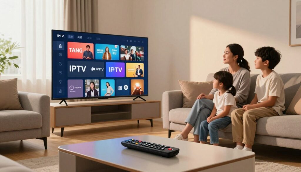 A modern living room setting showcasing a large flat-screen TV displaying an interactive user interface for IPTV services. In the foreground, a sleek coffee table holds a remote control and a smart device, symbolizing consumer engagement. The middle ground features a comfortable sofa with neatly arranged cushions, a family gathered around, including a woman and two children dressed in casual yet modest attire, all looking at the screen with expressions of interest. The background is softly lit, with warm ambient light streaming through a window, creating a cozy atmosphere. Incorporate various icons representing streaming services and digital content around the TV screen to visualize IPTV functionality, while maintaining a clean and polished look. Use a wide-angle lens effect to capture the entire scene harmoniously.