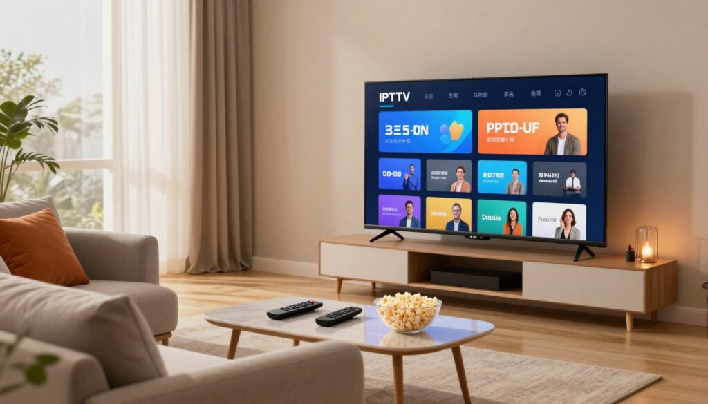 A modern living room setup featuring a sleek Smart TV displaying an IPTV interface, showcasing streaming options. In the foreground, a cozy sofa adorned with vibrant cushions invites relaxation. The middle ground highlights a stylish coffee table with a remote control and popcorn bowl, emphasizing entertainment. The background includes a softly lit window with curtains allowing natural light to softly brighten the space, creating an inviting atmosphere. Warm ambient lighting punctuates the room, while a subtle futuristic vibe hints at the innovations of IPTV services in 2025. The overall mood is comfortable, contemporary, and engaging, perfect for a tech-savvy audience interested in home entertainment solutions.