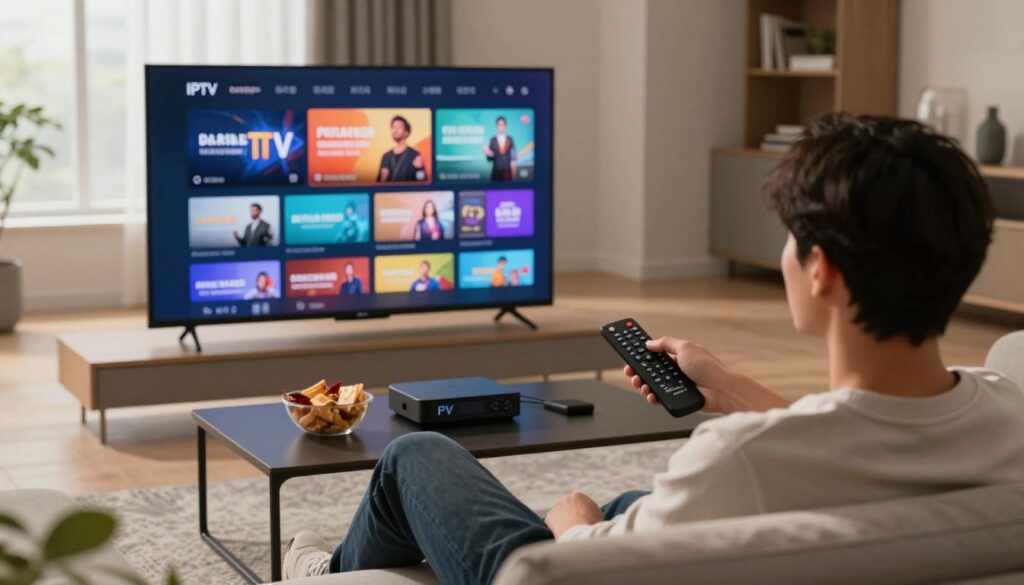 A modern living room setup featuring a sleek flat-screen TV displaying vibrant streaming content to illustrate IPTV. In the foreground, a person in smart casual attire sits comfortably on a stylish couch, intently watching the screen, with a remote control in hand. The middle ground includes a coffee table with a few snacks and streaming devices, creating a cozy atmosphere. In the background, a window allows soft, natural light to filter in, enhancing the inviting ambiance. The overall mood is relaxed and engaging, showcasing the excitement of premium streaming services. The image is captured from a slightly elevated angle, highlighting both the television and the viewer's expression of enjoyment without any text or branding visible.