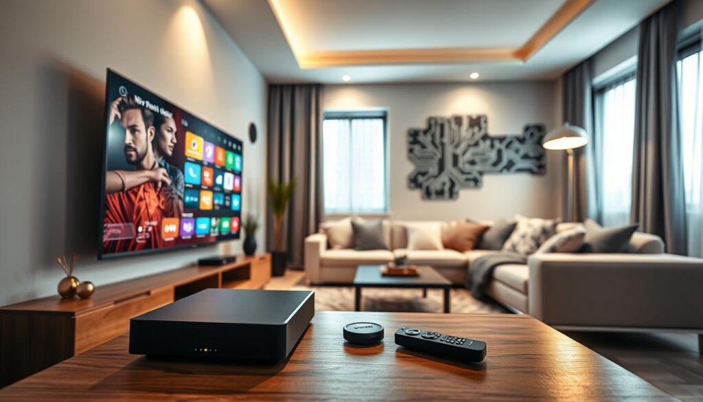 A modern living room showcasing IPTV technology in action. In the foreground, a sleek smart TV mounted on the wall displays vibrant digital channels, with an interactive user interface highlighting various streaming options. On a stylish coffee table, an IPTV set-top box with modern design sits close to a remote control. In the middle background, a cozy sofa is adorned with contemporary cushions, and a warm glow emanates from overhead lighting, creating an inviting atmosphere. Windows allow soft, natural light to filter in, enhancing the room's ambiance. The walls feature digital artwork of circuit patterns, symbolizing connectivity and technology. The overall mood is contemporary and tech-savvy, illustrating the future of television.