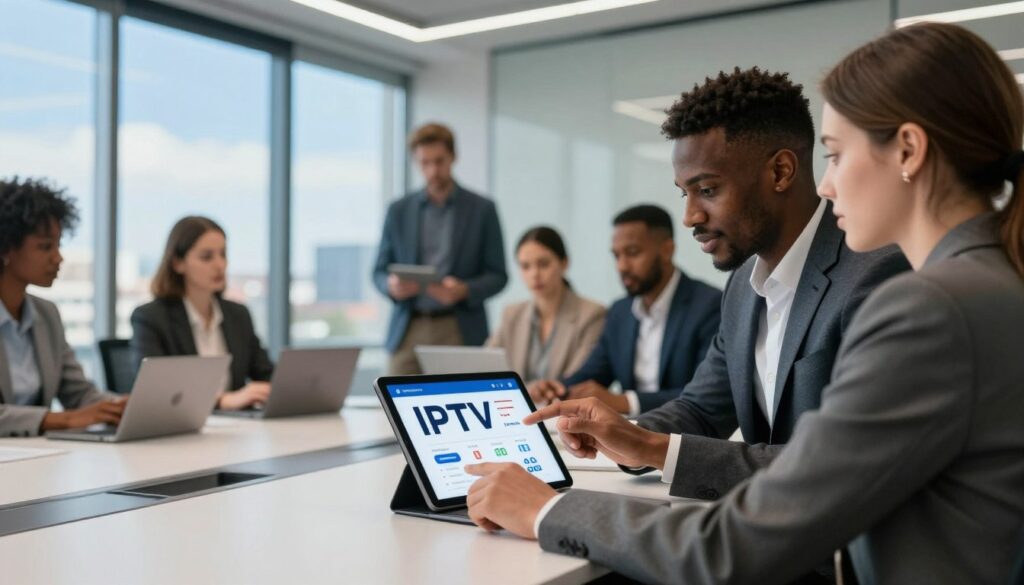 A modern, professional office scene depicting a diverse group of business professionals engaged in a discussion about legal IPTV services in France. In the foreground, a Black man in a tailored suit and a White woman in smart casual attire are analyzing a digital tablet displaying IPTV statistics. The middle ground features a sleek conference table surrounded by individuals of various ethnicities, all dressed in professional clothing, showcasing collaboration and innovation. In the background, a large window reveals a clear blue sky and urban skyline, symbolizing connectivity and modernity. Soft, diffused lighting creates an inviting atmosphere, while the angle captures the dynamic interaction among the group, emphasizing teamwork and the future of legal IPTV services in France.