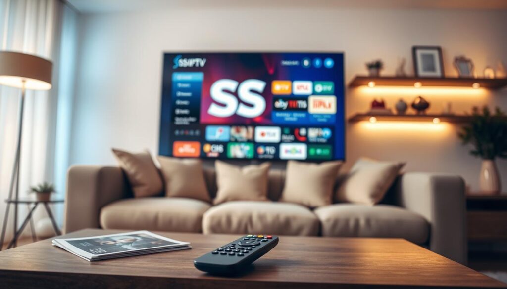 A modern smart TV displaying the SS IPTV interface prominently on the screen, set in a cozy living room environment. In the foreground, a sleek remote control rests on a stylish coffee table adorned with a few scattered magazines. The middle layer reveals a comfortable couch with neutral-colored cushions, inviting viewers to relax while streaming content. The background features softly lit shelves with decorative items and a warm ambiance created by subtle lighting that bathes the room in a gentle glow. The overall mood is inviting and tech-savvy, suggesting a seamless streaming experience on a smart TV, encouraging viewers to consider SS IPTV for their entertainment needs. The image should be captured from a slightly angled perspective, emphasizing the TV and the engaging living space. A modern smart TV displaying the SS IPTV interface prominently on the screen, set in a cozy living room environment. In the foreground, a sleek remote control rests on a stylish coffee table adorned with a few scattered magazines. The middle layer reveals a comfortable couch with neutral-colored cushions, inviting viewers to relax while streaming content. The background features softly lit shelves with decorative items and a warm ambiance created by subtle lighting that bathes the room in a gentle glow. The overall mood is inviting and tech-savvy, suggesting a seamless streaming experience on a smart TV, encouraging viewers to consider SS IPTV for their entertainment needs. The image should be captured from a slightly angled perspective, emphasizing the TV and the engaging living space.