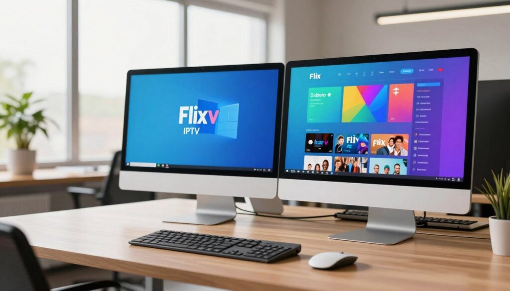 A modern workspace showcasing the Flix IPTV application on a sleek desktop computer, with a Windows and Mac interface displayed side by side. In the foreground, a vibrant monitor displays the colorful Flix IPTV logo and user interface, featuring streaming options and a selection of channels. The middle layer includes a stylish ergonomic keyboard and mouse, reflecting a casual yet professional environment. The background shows a bright, contemporary office with natural light streaming through large windows, creating a warm atmosphere. A potted plant adds a touch of greenery, enhancing the professional ambiance. The overall mood is focused and inviting, capturing the essence of using Flix IPTV on a computer. Soft, diffused lighting emphasizes clarity and detail in the setup, while maintaining a clean composition without any text or distractions.