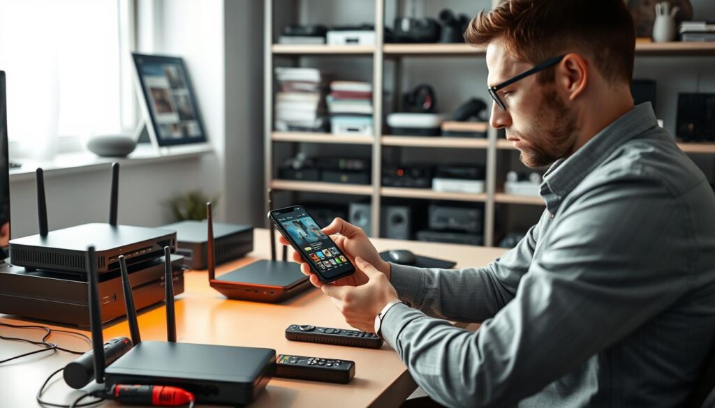 A professional and serene troubleshooting scene for Zen IPTV, featuring a focused technician in smart casual attire, intently examining a smartphone displaying the IPTV interface. In the foreground, the technician is seated at a sleek, modern desk with various adjustable tools, like cable testers and remote controls. In the middle ground, an organized display of devices such as routers and streaming boxes, with a glowing LED light emanating from the router indicating connectivity status. The background features softly blurred shelves filled with tech manuals and gadgets, enhancing the tech-oriented atmosphere. Soft, natural lighting filters through a nearby window, creating a calm and conducive environment for problem-solving. The mood conveys professionalism and calmness, emphasizing effective troubleshooting practices. A professional and serene troubleshooting scene for Zen IPTV, featuring a focused technician in smart casual attire, intently examining a smartphone displaying the IPTV interface. In the foreground, the technician is seated at a sleek, modern desk with various adjustable tools, like cable testers and remote controls. In the middle ground, an organized display of devices such as routers and streaming boxes, with a glowing LED light emanating from the router indicating connectivity status. The background features softly blurred shelves filled with tech manuals and gadgets, enhancing the tech-oriented atmosphere. Soft, natural lighting filters through a nearby window, creating a calm and conducive environment for problem-solving. The mood conveys professionalism and calmness, emphasizing effective troubleshooting practices.