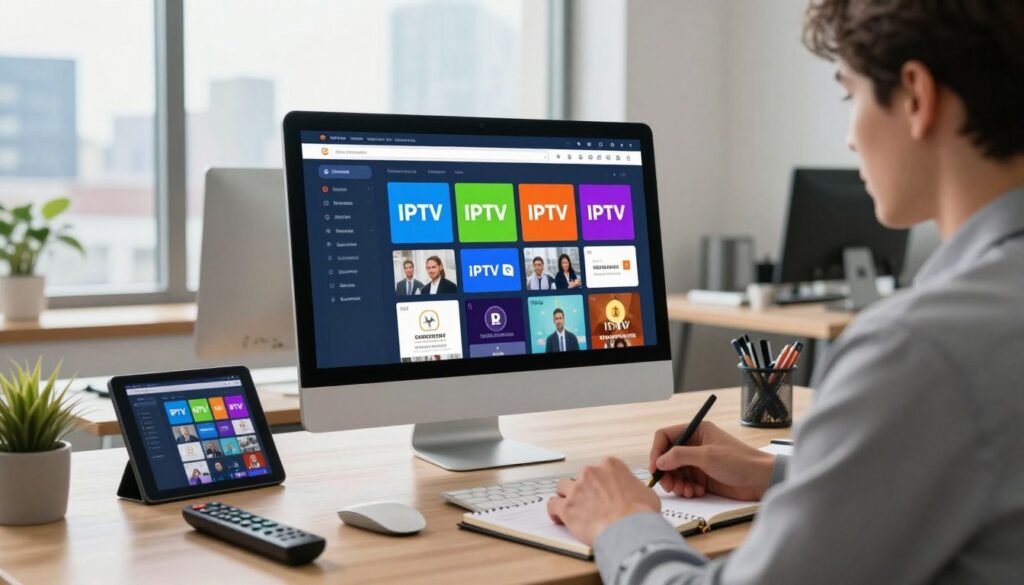 A professional office setting featuring a sleek computer workstation displaying a colorful IPTV subscription dashboard on the screen. In the foreground, a focused individual in business attire, examining the details of their IPTV subscription, jotting notes on a notepad. The middle ground shows a stylish desk cluttered with tech gadgets, including a smart TV remote and a tablet reflecting the IPTV interface. In the background, a large window reveals a city skyline with bright daylight streaming in, creating an optimistic and productive atmosphere. The image should feature soft, natural lighting that enhances the clarity of the screen and creates a warm ambiance, shot from an eye-level angle to capture the essence of professionalism and diligence in checking IPTV subscriptions.