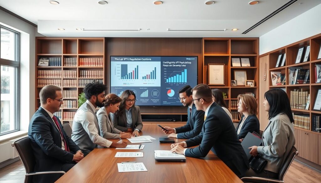A professional setting showcasing a modern office environment with a focus on IPTV regulation and legality. In the foreground, a diverse group of business professionals, dressed in professional attire, are gathered around a conference table, reviewing documents related to IPTV compliance. The middle ground includes a large screen displaying statistics and graphs about IPTV usage and regulations. The background features bookshelves filled with legal textbooks, framed certificates on the walls, and large windows allowing natural light to illuminate the scene. The atmosphere is serious yet collaborative, with an air of professionalism and focus. Use a warm color palette to create a welcoming environment, capturing the essence of a productive meeting on IPTV regulation.
