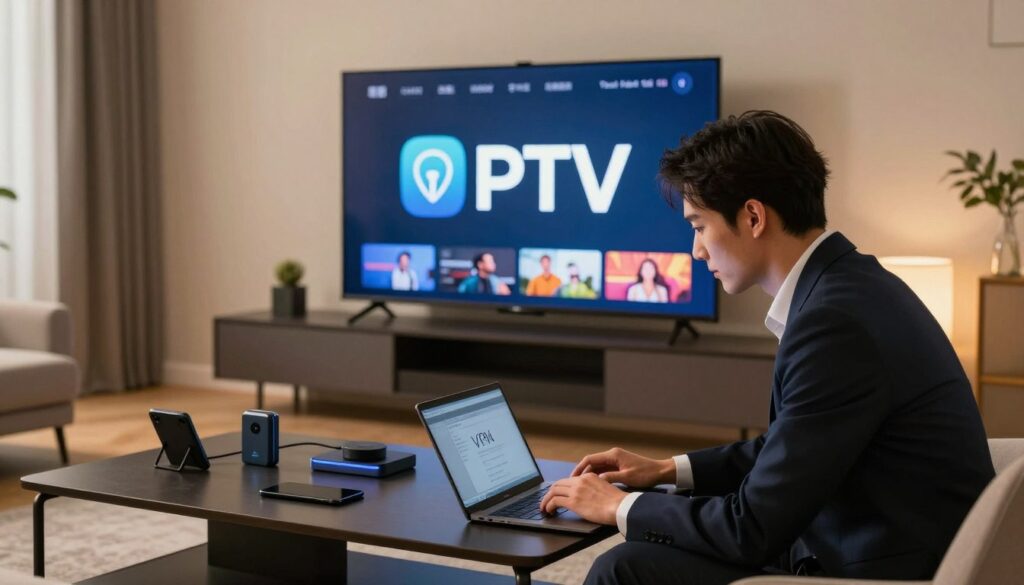 A sleek and modern living room setup with a large high-definition TV displaying the logo of a popular IPTV service. In the foreground, a professional-looking person, dressed in smart business attire, is configuring a VPN on a laptop, their focused expression conveying diligence. The middle ground features a stylish coffee table with an array of tech gadgets, highlighting the topic of digital security. The background reveals a cozy ambiance, with soft ambient lighting and minimalistic decorations. The overall atmosphere is one of security and professionalism, symbolizing the importance of protecting online media configurations. The scene is captured with a warm color palette and a slightly angled perspective to create depth.