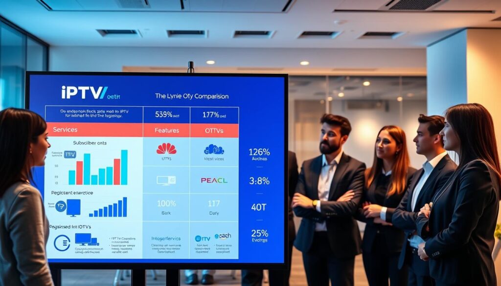 A sleek comparison infographic highlighting IPTV services against other streaming options, set in a modern digital workspace. In the foreground, a large, vivid screen displays graphs and statistics showcasing subscriber numbers and features, with icons representing various OTT platforms, all rendered in a clear, professional style. In the middle, a diverse group of individuals dressed in smart business attire examines the screen, engaged in a thoughtful discussion. The background features a contemporary office setting with soft ambient lighting, emphasizing a professional atmosphere. Use a wide-angle lens perspective to capture depth, with a focus on the clients' expressions of curiosity and interest, creating a vibrant and informative mood.