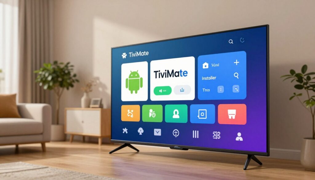 A sleek, modern Android TV interface showcasing the TiviMate installer screen prominently in the foreground, with vibrant colors and intuitive navigation options displayed. In the middle ground, a stylish, well-lit living room environment featuring a large flat-screen TV, emphasizing comfort and relaxation. The background features a cozy couch and some decorative plants, enhancing the homey atmosphere. Soft, ambient lighting illuminates the scene, creating an inviting mood. The angle captures a slight upward view towards the TV, drawing the viewer's eye to the TiviMate interface, while maintaining a clean and organized layout. The overall aesthetic should reflect a tech-savvy yet accessible approach to home entertainment setup.