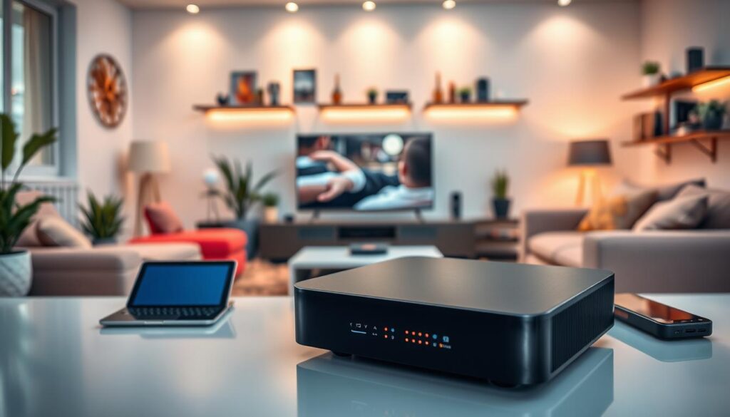 A sleek, modern IPTV set-top box prominently displayed in the foreground, showcasing its glossy black surface and LED indicators. Surrounding the box, various compatible devices like a smart TV, tablet, and smartphone are arranged in a contemporary living room. In the middle ground, a stylish entertainment unit with vibrant colors creates a dynamic ambiance, while a cozy sofa and decorative plants add warmth. The background features a softly illuminated wall with shelves displaying tech gadgets, enhancing the high-tech atmosphere. The scene should be well-lit, with natural light streaming in from a window, creating a welcoming and innovative mood. Use a slight wide-angle lens effect to capture the entire setup, emphasizing the versatility of the IPTV box and its integration into a modern home.