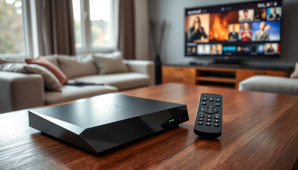 A sleek, modern IPTV set-top box prominently displayed on a polished wooden table. The foreground features the device with sharp angles, a glossy black surface, and subtle LED indicators glowing softly. In the middle ground, a stylish remote control sits beside the box, emphasizing its user-friendly interface with rounded buttons. The background includes a contemporary living room with muted colors, a soft couch, and a large flat-screen TV displaying vibrant streaming content, creating a cozy atmosphere. Natural light filters in through a nearby window, casting a warm glow on the setup, enhancing the feeling of comfort and high-tech innovation. The overall mood is inviting and modern, showcasing the essential role of an IPTV box in home entertainment.