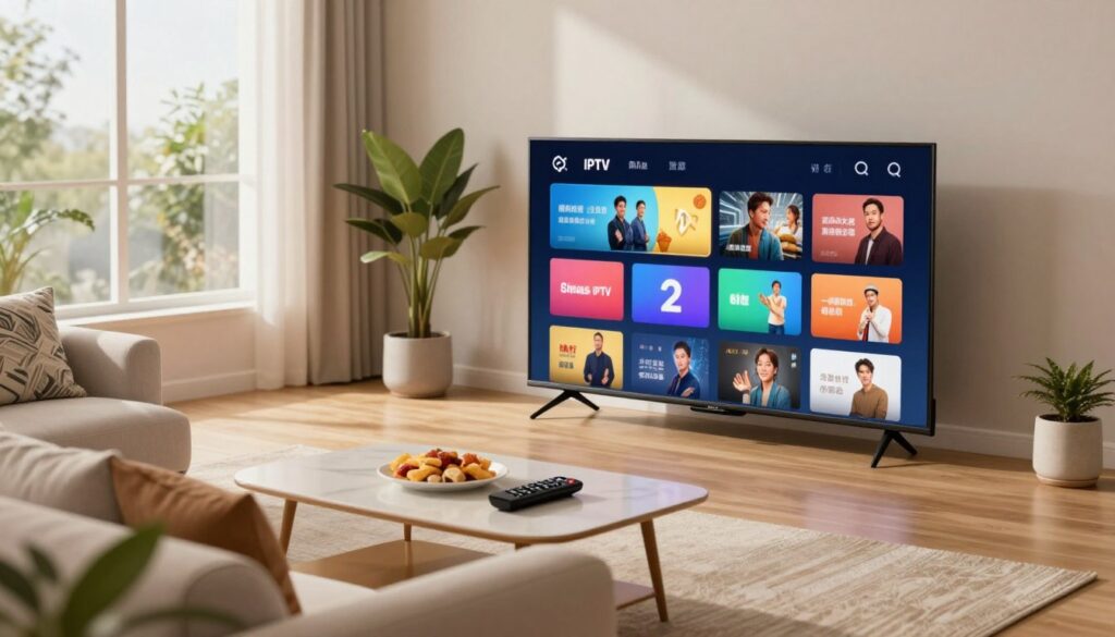 A sleek modern living room featuring a stylish Smart TV prominently displaying a vibrant IPTV interface. In the foreground, an inviting couch with decorative cushions and a coffee table displaying a remote control and snacks. The middle ground showcases the Smart TV, highlighting its clear screen filled with colorful streaming icons representing various channels and content options. The background features a large window with natural light streaming in, creating a cozy and warm atmosphere, complemented by indoor plants. The scene has a balanced composition with soft, diffused lighting, giving it a relaxed feel. The angle is slightly elevated, capturing both the TV and the comfortable ambiance of the space, making it perfect for illustrating a long-term IPTV subscription.