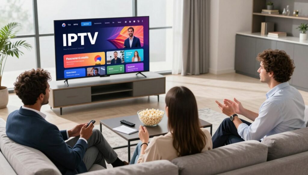 A sleek, modern living room setting showcasing a large flat-screen TV displaying vibrant streaming content. In the foreground, a diverse group of three professionals, dressed in smart business attire, sit comfortably on a stylish sofa, engaged in conversation about features of IPTV. The middle ground features a coffee table with a remote control, popcorn, and a notepad for notes, symbolizing an engaging viewing experience. The background captures a large window with soft natural light streaming in, creating a bright and inviting atmosphere. Overall, the mood is lively and informative, emphasizing the advantages of IPTV subscriptions in France for superior quality. The perspective is a slightly elevated angle, providing depth and clarity to the scene.
