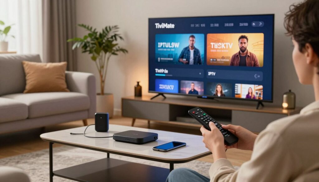 A sleek, modern living room setup focused on a large TV displaying the TiviMate interface, showcasing a user-friendly IPTV menu. In the foreground, a person in smart casual attire is using a remote to navigate the screen, with a look of concentration. In the middle, a stylish coffee table is cluttered with tech gadgets like a streaming device and a smartphone, hinting at IPTV configuration. The background features a cozy couch and ambient lighting that gives a warm, inviting atmosphere. Soft cushions in neutral colors create a relaxed vibe, while a plant adds a touch of greenery. Natural light filters in from a window, enhancing the scene's inviting and tech-savvy feel.