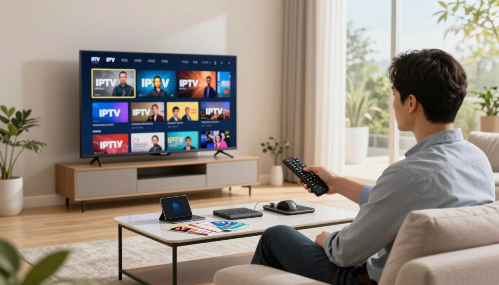 A vibrant living room scene, showcasing a modern smart TV displaying an IPTV user interface. In the foreground, a professional individual, dressed in smart casual attire, sits on a sleek sofa with a remote in hand, thoughtfully exploring various IPTV channel options. In the middle ground, a coffee table is scattered with tech gadgets and subscription pamphlets, representing a seamless integration of technology in everyday life. The background features a well-lit room with warm, inviting lighting, large windows revealing a sunny day outside, and tasteful decor. The mood is one of curiosity and anticipation, highlighting the benefits of testing an IPTV service for free before making a commitment. Soft focus on the furniture enhances the focal point on the TV and the user.