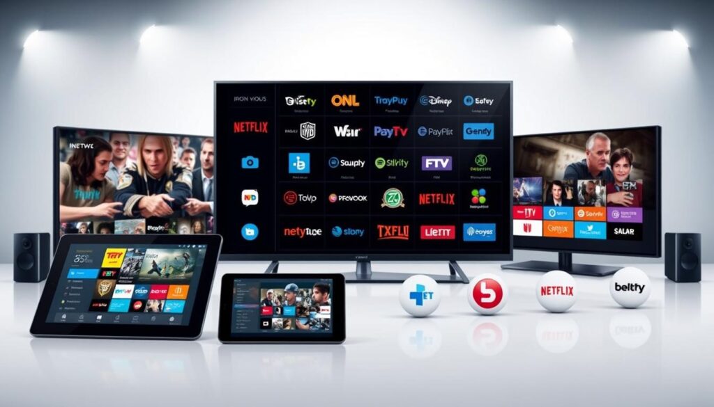 A visually engaging infographic illustrating the comparison of Iron IPTV with other streaming services. In the foreground, display sleek, modern digital devices like tablets and smart TVs showing various streaming interfaces. The middle ground features a balanced arrangement of logos and icons representing different IPTV services, all designed with distinct colors and styles for easy differentiation. The background should be a soft gradient, conveying a professional atmosphere, with subtle lighting that highlights the devices and icons, creating a sleek modern feel. The image should evoke a sense of clarity and professionalism, emphasizing the competitive nature of IPTV services. Use a perspective that suggests a dynamic flow of information, aiming for a polished and informative presentation.