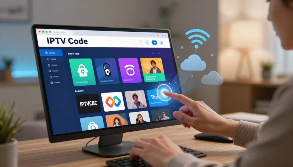 A visually striking illustration depicting the concept of "IPTV Code" within a contemporary digital environment. In the foreground, a modern computer screen displays a vibrant interface filled with colorful icons representing various streaming services. A pair of hands, dressed in smart casual attire, are actively navigating the interface. In the middle ground, symbols of connectivity like Wi-Fi signals and digital clouds subtly emerge, creating a sense of digital flow and interaction. The background features a softly blurred room with ambient lighting, suggesting a cozy home atmosphere. The overall mood is informative yet engaging, visually capturing the essence of how IPTV codes work while inviting readers to explore the topic further.