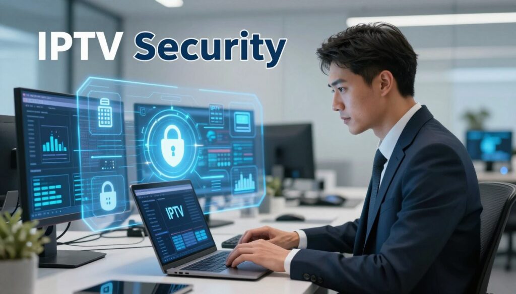 An illustration symbolizing "IPTV Security" in a modern, professional setting. In the foreground, a confident IT professional in business attire, focused on a laptop displaying secure IPTV software. In the middle ground, a clear digital interface with icons representing security features like firewalls and encryption, with a soft glow indicating protection. The background features a stylish office environment with technology-themed decor, such as monitors displaying data streams and graphs about compliance and responsibility. The overall lighting is bright and welcoming, with a focus on technology and security, conveying a mood of reliability and professionalism. The angle is slightly elevated, showing both the professional and the digital workspace.